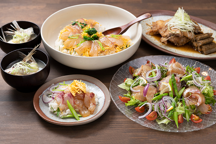 伊勢まだいを使ったメニュー<br />(潮汁・手こね寿司・あら炊き・お刺身サラダ仕立て)