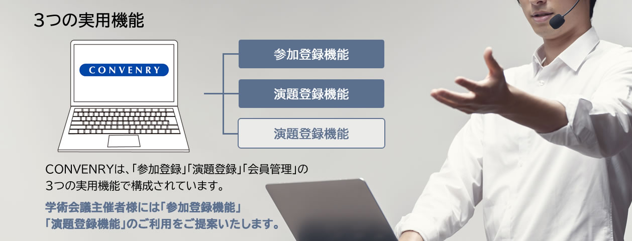 CONVENRYは、学術会議主催者の皆さまが運営の現場で抱える課題を安全かつ機能的に解決するWEBシステムです。